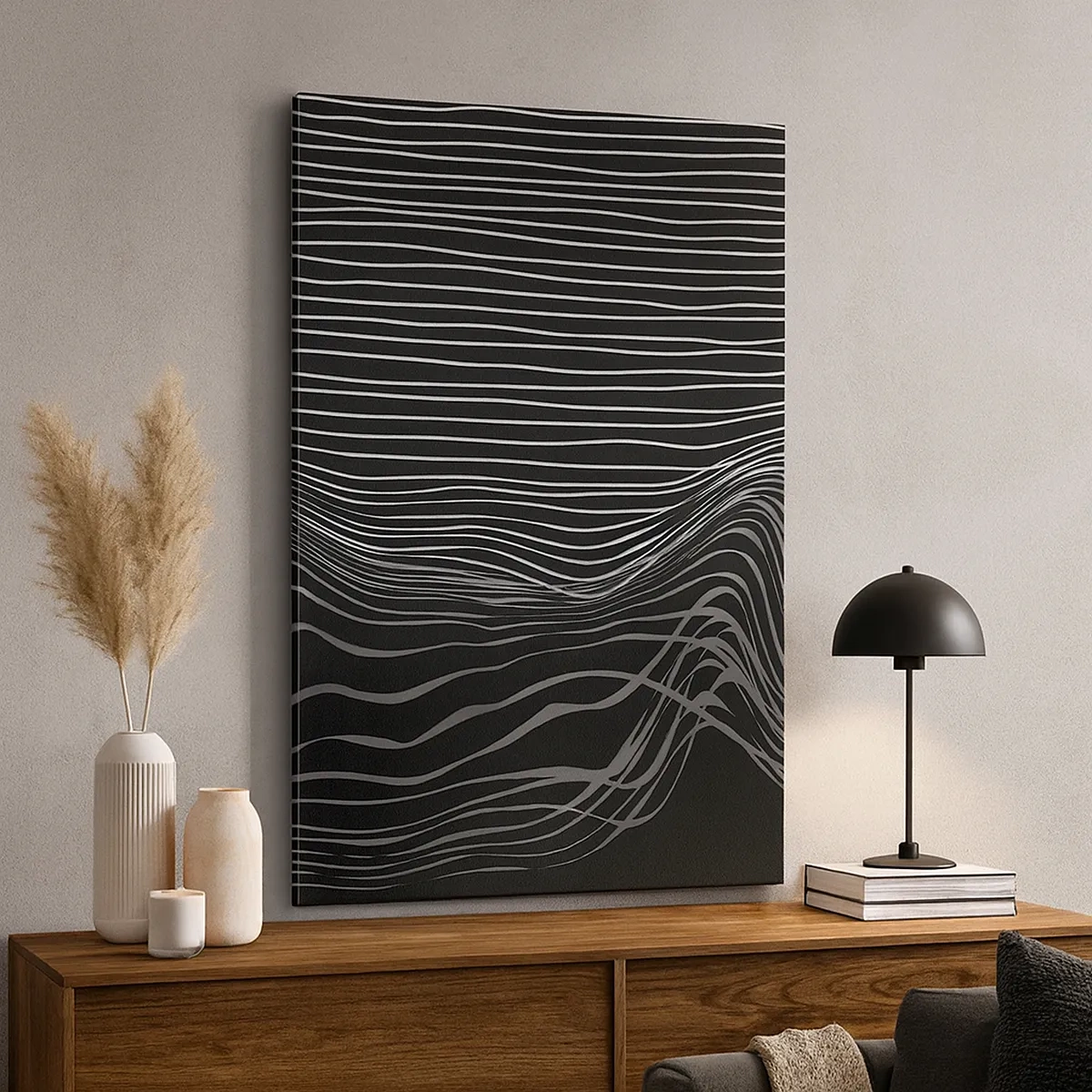 Bild auf Leinwand - Leinwandbild - Weiße Linien auf dunkelgrauem Hintergrund in abstrakter Anordnung - 50x70cm - Rhythmus und Akzent - Moderne Wanddekoration für Wohnzimmer und Schlafzimmer ARTTOR