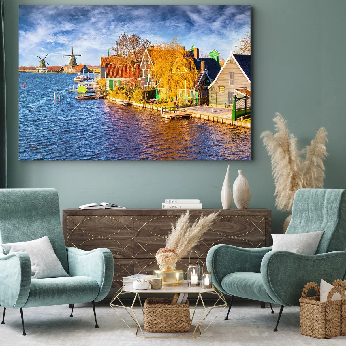 Bild auf Leinwand - Leinwandbild - Malerische Häuser und Windmühlen am Wasser - 70x50cm - Seit Jahrhunderten keine Veränderung - Moderne Wanddekoration für Wohnzimmer und Schlafzimmer ARTTOR