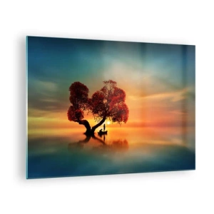 Glasbild - Bild auf glas - Ein Baum mit roten Blättern vor dem Hintergrund des Sonnenuntergangs - 70x50cm - Oddaysons und die Stille der Weltlosen - Moderne Wanddekoration für Wohnzimmer und Schlafzimmer ARTTOR