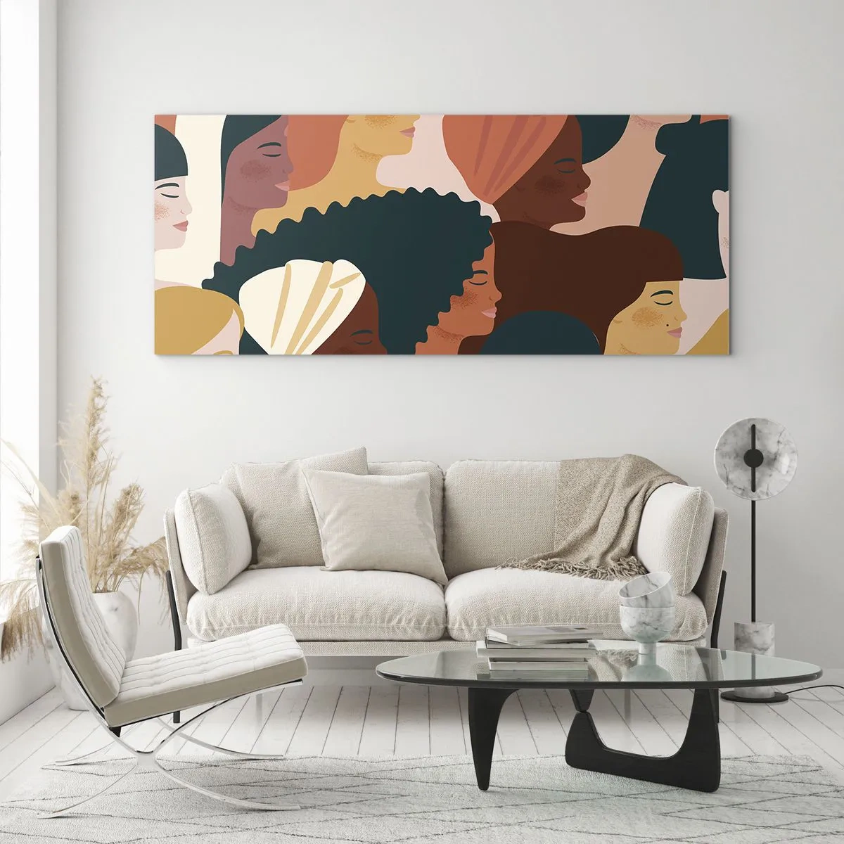 Glasbild - Bild auf glas - Farbenfrohe Frauenprofile in verschiedenen Stilen - 160x50cm - Nur Weiblichkeit - Moderne Wanddekoration für Wohnzimmer und Schlafzimmer ARTTOR