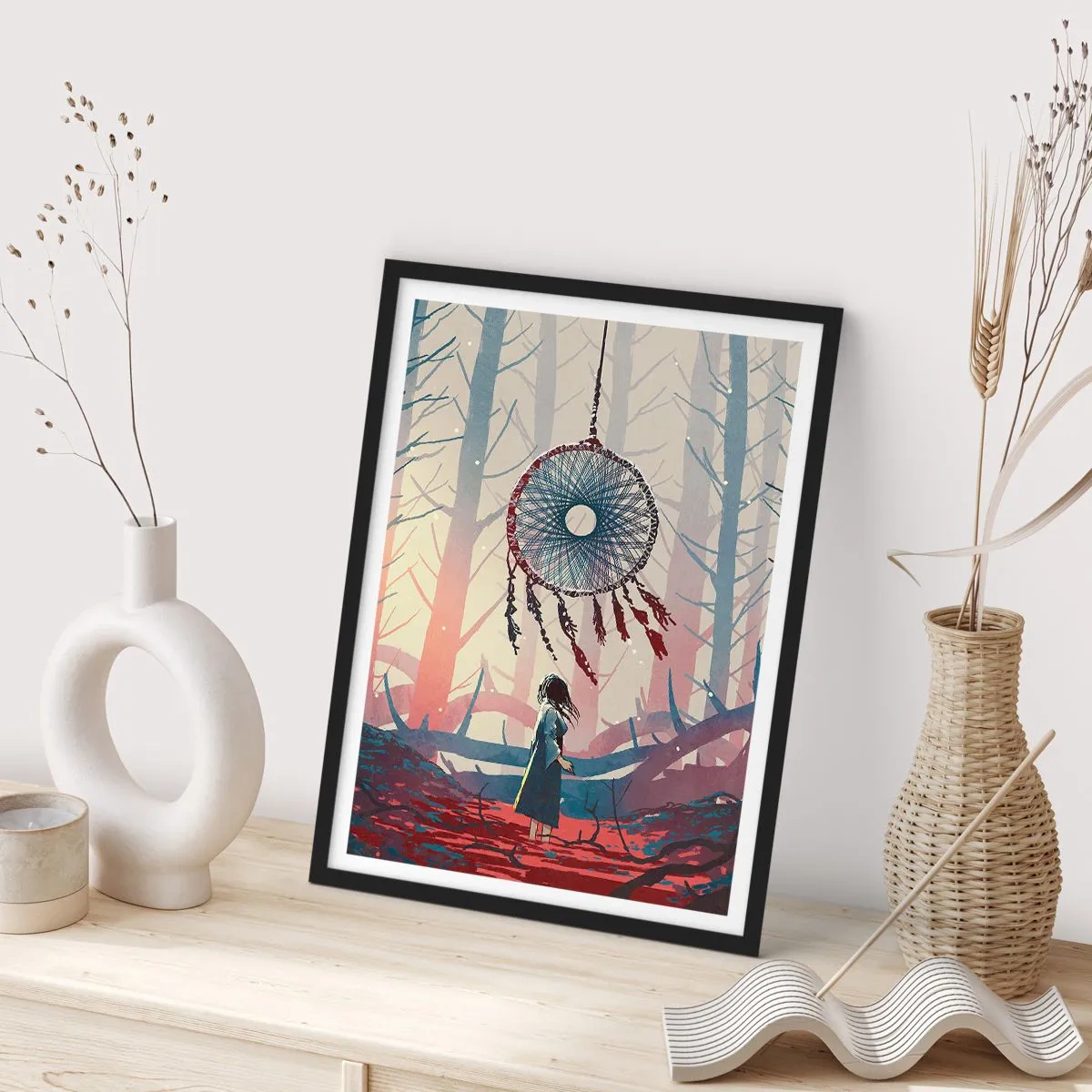 Poster in einem schwarzem Rahmen - Eine Figur im Wald mit einem Traumfänger vor einem pastellfarbenen Hintergrund. - 50x70cm - Geheimes Glücksritual - Moderne Wanddekoration für Wohnzimmer und Schlafzimmer ARTTOR