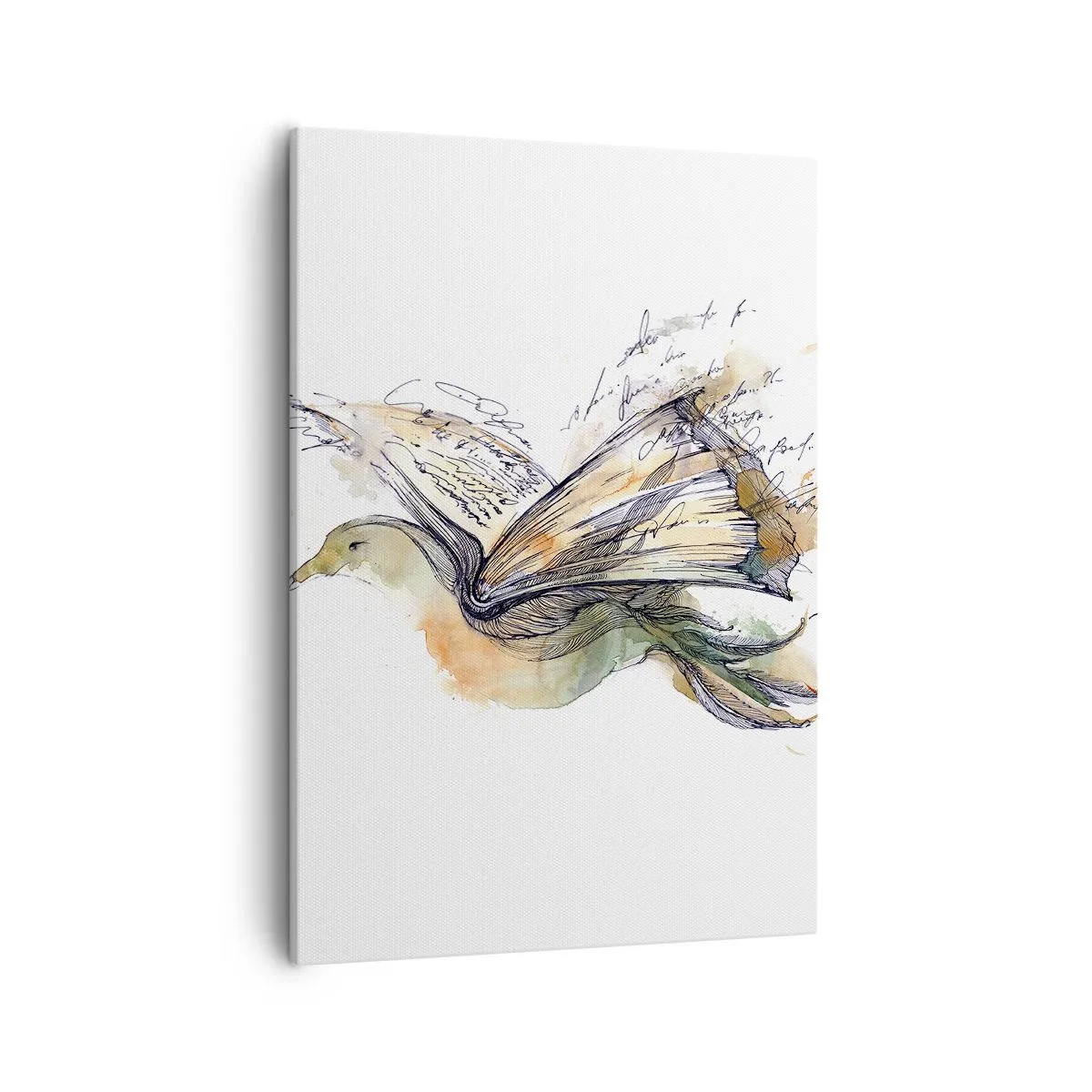 Bild auf Leinwand - Leinwandbild - Künstlerische Aquarellmalerei eines Vogels mit einem Buch als Flügel - 50x70cm - Auf den Flügeln der Poesie - Moderne Wanddekoration für Wohnzimmer und Schlafzimmer ARTTOR