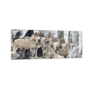 Glasbild - Bild auf glas - Ein Wolfsrudel im Winterwald - 140x50cm - Familie und Freunde - Moderne Wanddekoration für Wohnzimmer und Schlafzimmer ARTTOR
