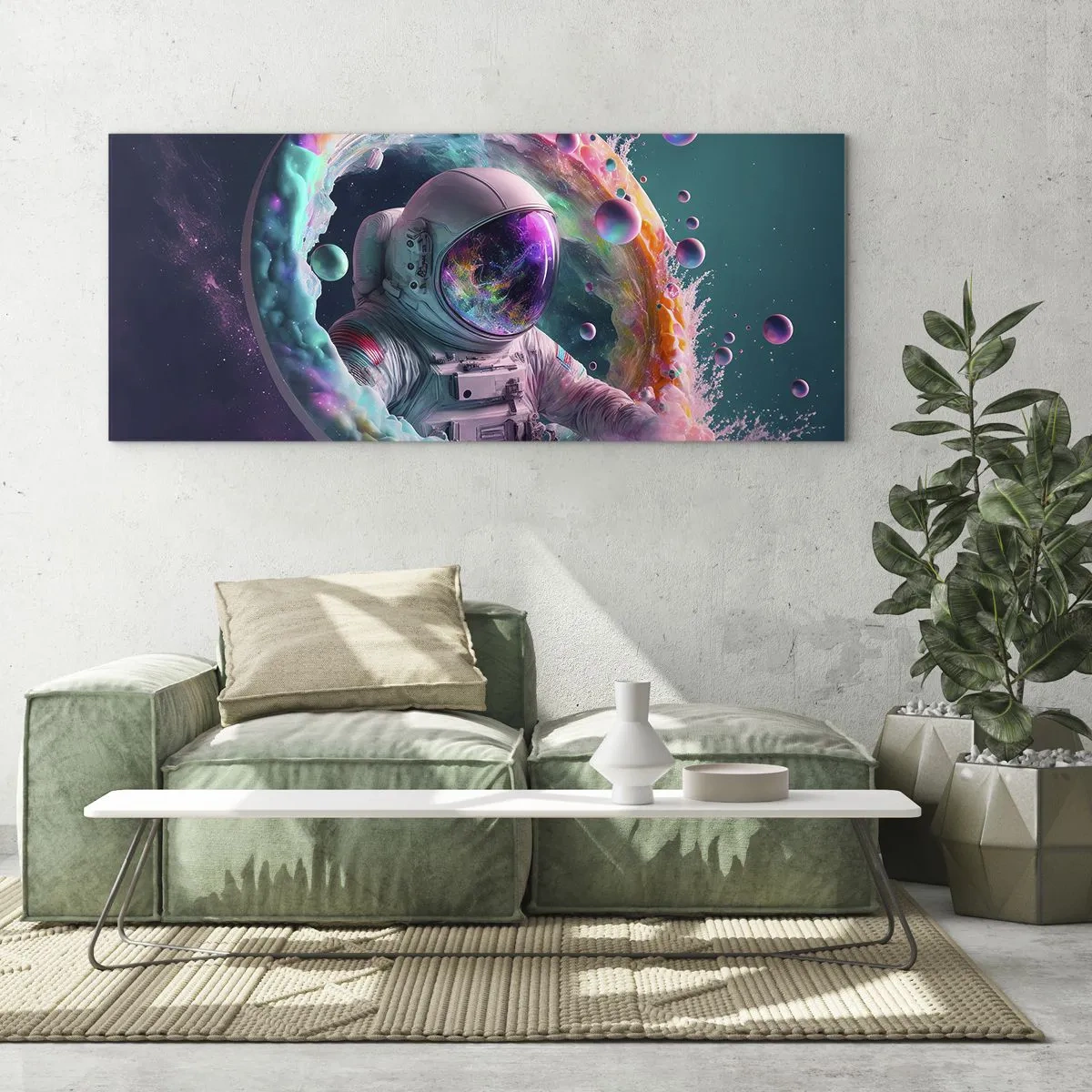 Glasbild - Bild auf glas - Astronaut in einer farbenfrohen kosmischen Aura - 160x50cm - Sternentor - Moderne Wanddekoration für Wohnzimmer und Schlafzimmer ARTTOR