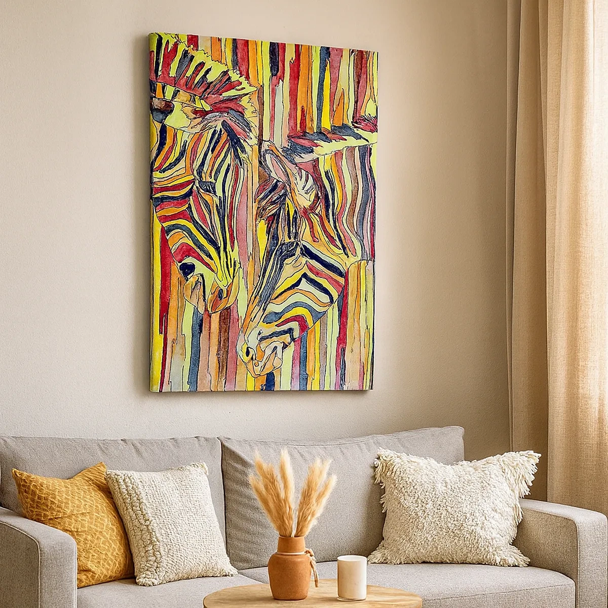 Bild auf Leinwand - Leinwandbild - Bunte Zebras vor einem Hintergrund aus abstrakten Streifen - 50x70cm - Also du auch... - Moderne Wanddekoration für Wohnzimmer und Schlafzimmer ARTTOR
