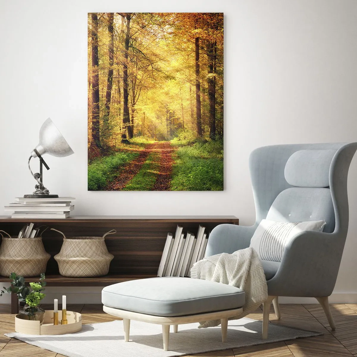 Glasbild - Bild auf glas - Herbstpfad im Wald mit Sonnenstrahlen - 50x70cm - Waldgoldene Stille - Moderne Wanddekoration für Wohnzimmer und Schlafzimmer ARTTOR