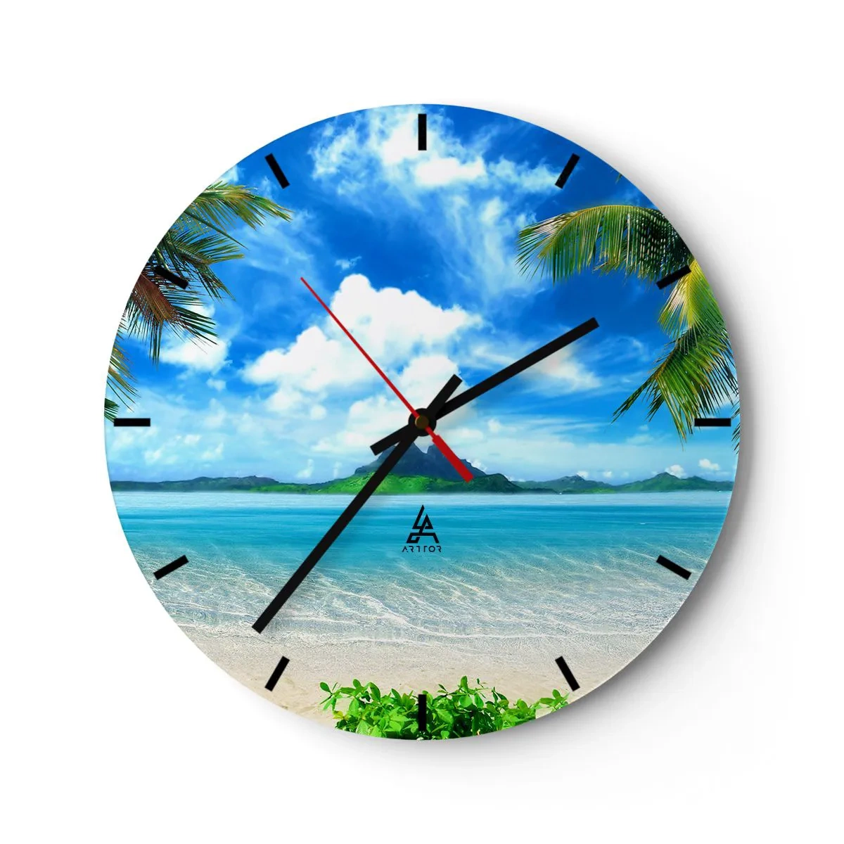 Wanduhr - Glasuhr - Ein exotischer Strand mit Palmen und azurblauem Meer - 30x30cm - Das Azurblau der Tropen - Moderne Wanddekoration für Wohnzimmer, Küche und Schlafzimmer ARTTOR