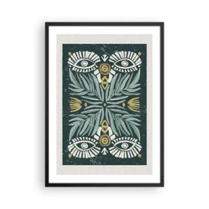 Poster in einem schwarzem Rahmen - Symmetrisches Muster mit Blättern und Augen auf dunklem Hintergrund - 50x70cm - Wie ein Volksausschnitt - Moderne Wanddekoration für Wohnzimmer und Schlafzimmer ARTTOR
