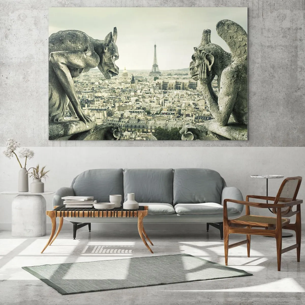 Glasbild - Bild auf glas - Wasserspeier mit Blick auf die Skyline von Paris und den Eiffelturm - 120x50cm - Pariser Plaudern - Moderne Wanddekoration für Wohnzimmer und Schlafzimmer ARTTOR
