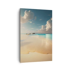Bild auf Leinwand - Leinwandbild - Ein sonniger Strand mit blauem Meer und Felsen - 80x120cm - Erträumter Tag - Moderne Wanddekoration für Wohnzimmer und Schlafzimmer ARTTOR