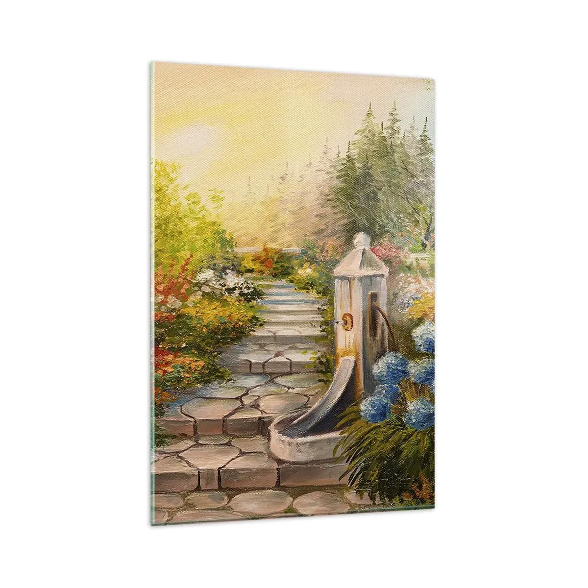 Glasbild - Bild auf glas - Ein malerischer Garten mit einem Brunnen und bunten Blumen - 80x120cm - In voller Blüte - Moderne Wanddekoration für Wohnzimmer und Schlafzimmer ARTTOR