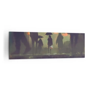 Bild auf Leinwand - Leinwandbild - Eine Figur mit einem Regenschirm an einem regnerischen Abend zwischen den Lichtern der Stadt - 160x50cm - Aus der Perspektive eines Regentropfens - Moderne Wanddekoration für Wohnzimmer und Schlafzimmer ARTTOR