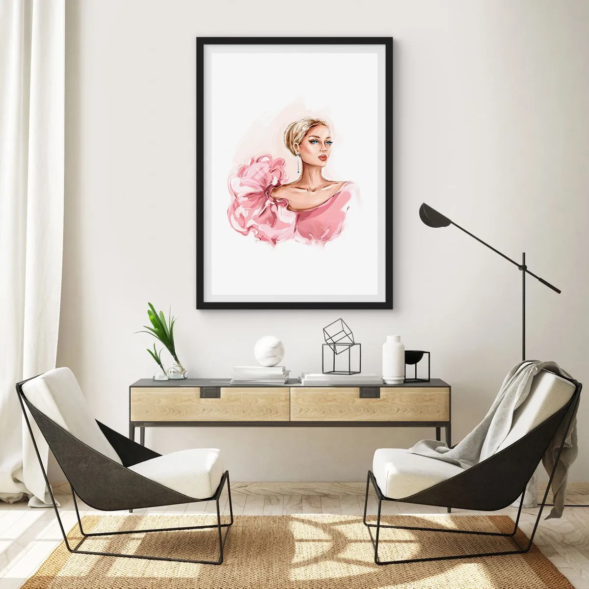 Poster in einem schwarzem Rahmen - Elegante Frau in einem rosa Kleid - 50x70cm - Wie gemalt ... - Moderne Wanddekoration für Wohnzimmer und Schlafzimmer ARTTOR