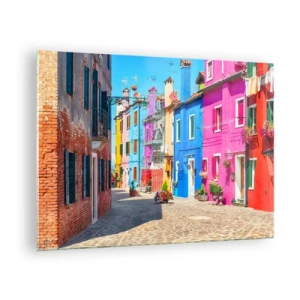 Glasbild - Bild auf glas - Bunte Gebäude in einer engen Straße in einer sonnigen Stadt - 70x50cm - Städtchen "Zu Papageien" - Moderne Wanddekoration für Wohnzimmer und Schlafzimmer ARTTOR