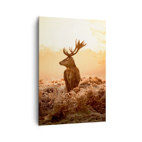 Bild auf Leinwand - Leinwandbild - Hirsch in den Strahlen der aufgehenden Sonne - 70x100cm - Herr im eigenen Land - Moderne Wanddekoration für Wohnzimmer und Schlafzimmer ARTTOR