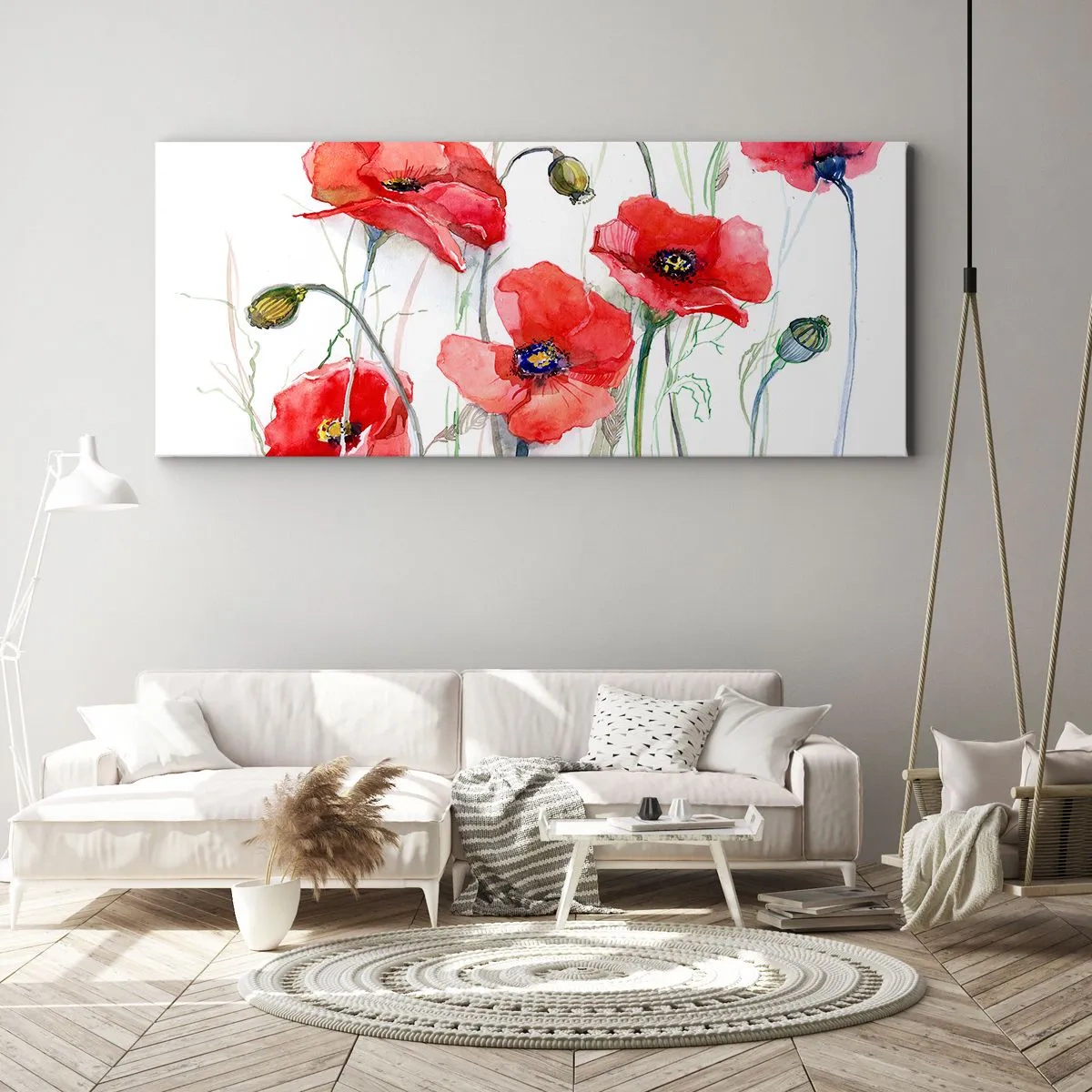 Bild auf Leinwand - Leinwandbild - Aquarell-Mohnblumen auf zartem Hintergrund - 160x50cm - Polnische Blumen - Moderne Wanddekoration für Wohnzimmer und Schlafzimmer ARTTOR