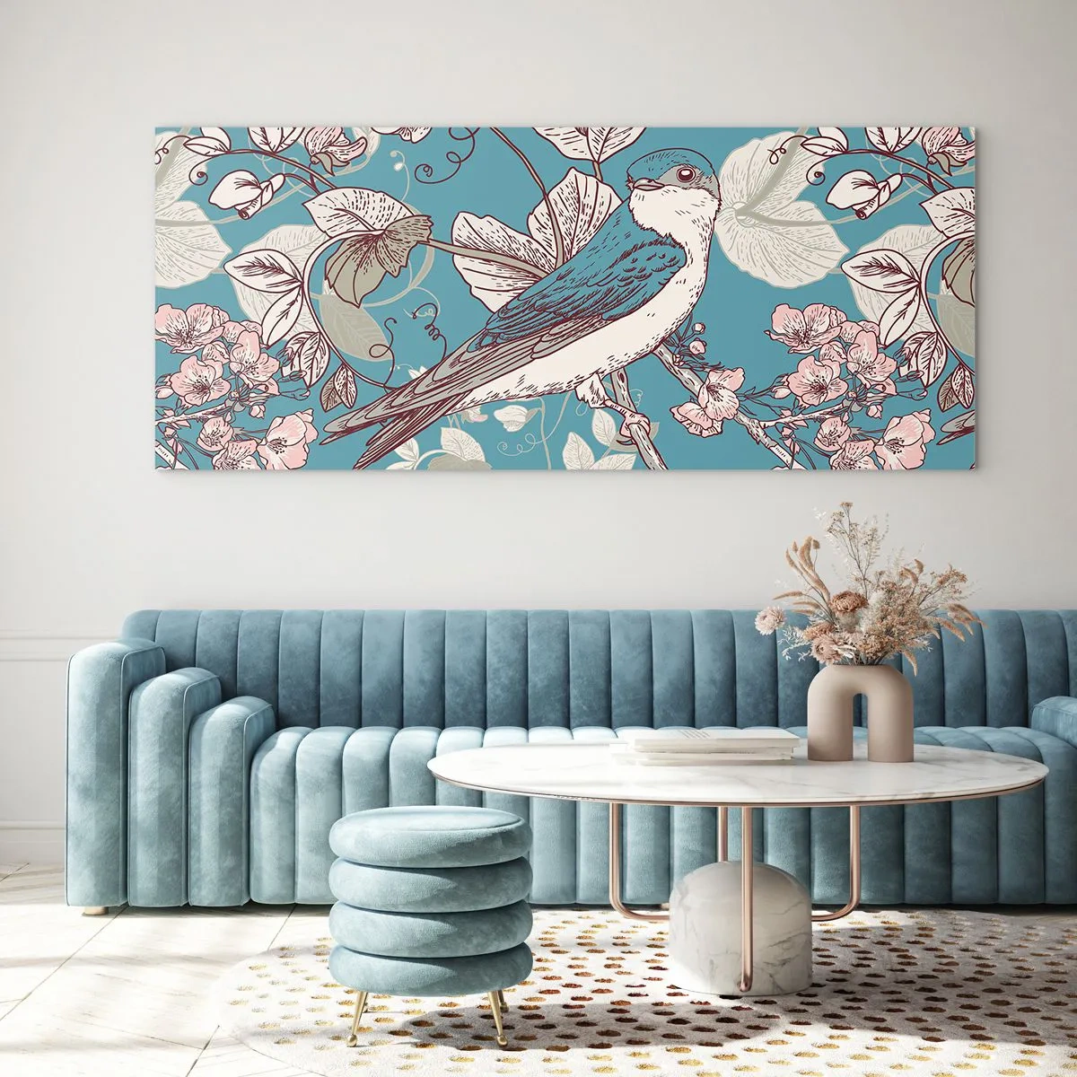 Glasbild - Bild auf glas - Ein Vogel auf einem Ast in einem zarten Blumenstil - 140x50cm - Im Weißholz von Rot und Silber - Moderne Wanddekoration für Wohnzimmer und Schlafzimmer ARTTOR