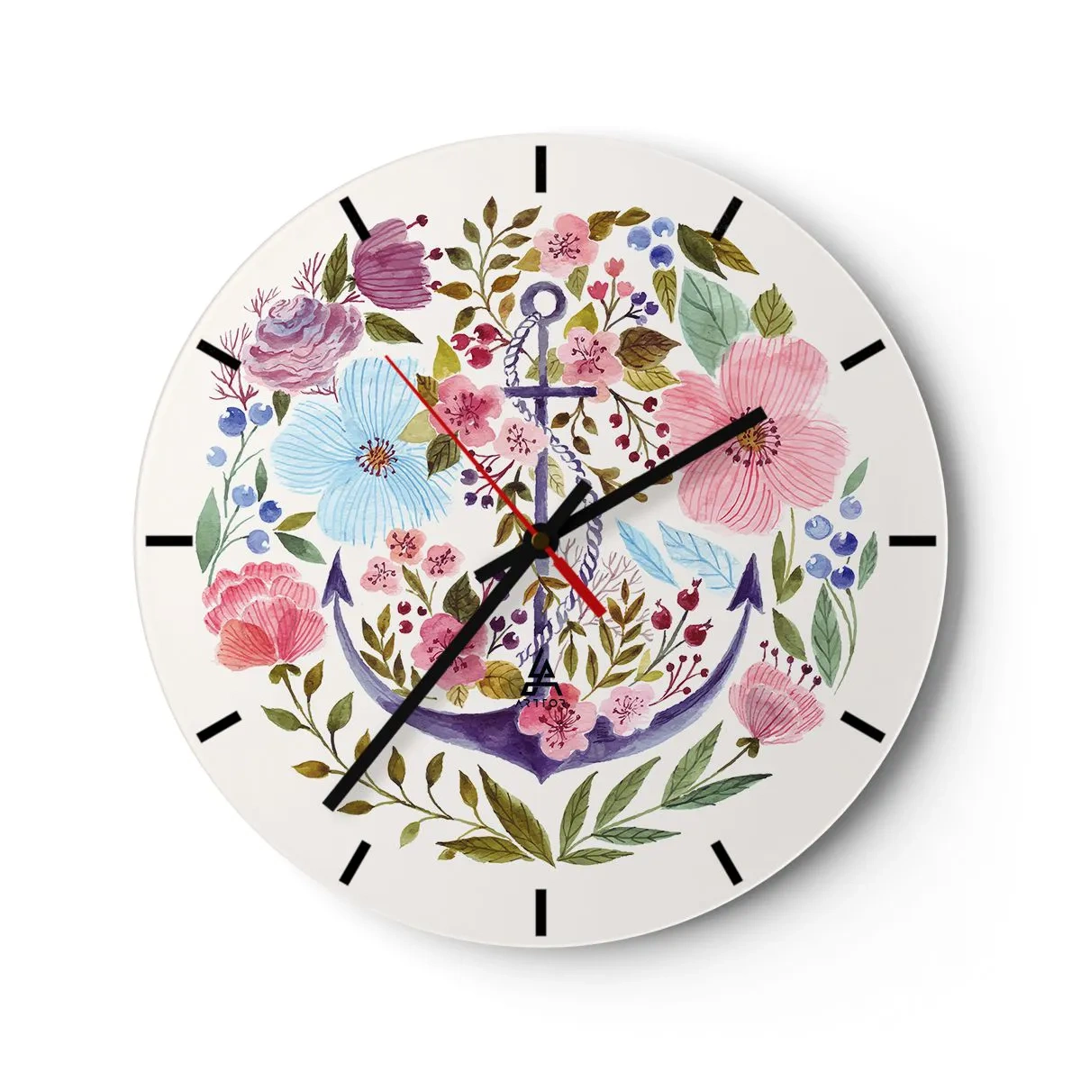 Wanduhr - Glasuhr - Ein lila Anker, umgeben von bunten Blumen - 30x30cm - Guter Traum eines Seemanns - Moderne Wanddekoration für Wohnzimmer, Küche und Schlafzimmer ARTTOR
