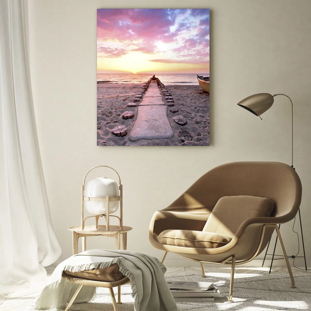 Glasbild - Bild auf glas - Sunrise Beach mit Boot und Pier - 80x120cm - Ein Moment tiefer Erfahrung - Moderne Wanddekoration für Wohnzimmer und Schlafzimmer ARTTOR