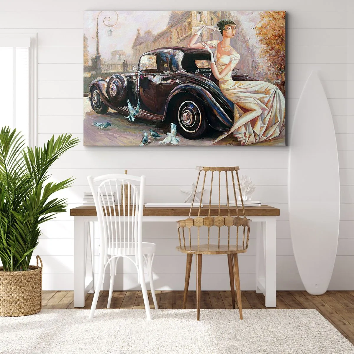 Bild auf Leinwand - Leinwandbild - Retro-Frau neben Oldtimer - 100x70cm - Eleganz im Retro-Stil - Moderne Wanddekoration für Wohnzimmer und Schlafzimmer ARTTOR