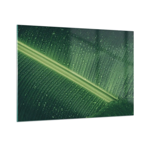 Glasbild - Bild auf glas - Nahaufnahme eines grünen Blattes mit Wassertropfen - 100x70cm - Die Struktur des Grüns - Moderne Wanddekoration für Wohnzimmer und Schlafzimmer ARTTOR