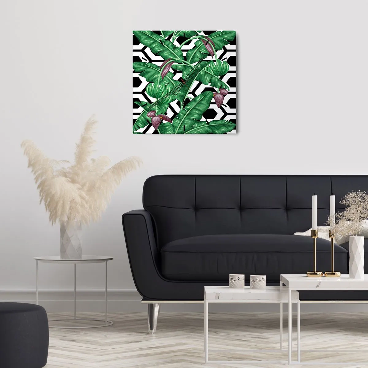 Wanduhr - Glasuhr - Tropische Blätter auf geometrischem Hintergrund - 30x30cm - Von Natur aus eine symmetrische Komposition - Moderne Wanddekoration für Wohnzimmer und Schlafzimmer ARTTOR