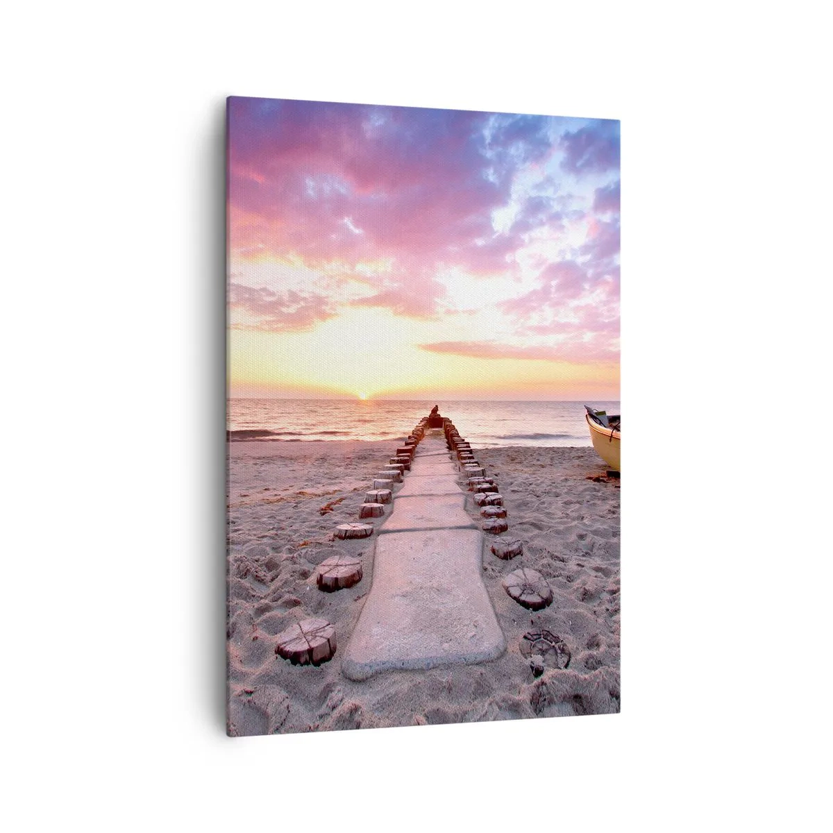 Bild auf Leinwand - Leinwandbild - Sunrise Beach mit Boot und Pier - 70x100cm - Ein Moment tiefer Erfahrung - Moderne Wanddekoration für Wohnzimmer und Schlafzimmer ARTTOR