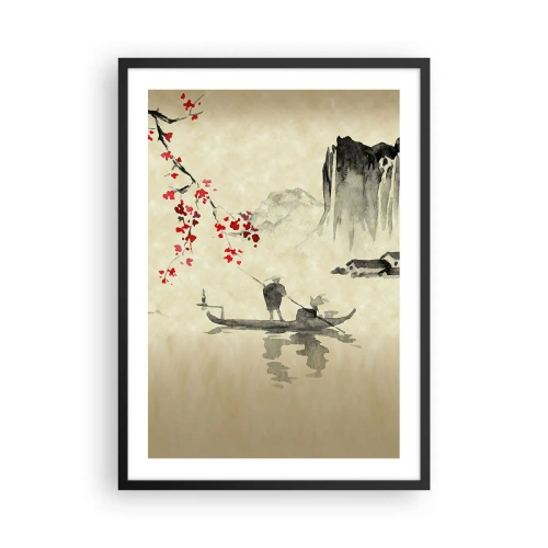 Poster in einem schwarzem Rahmen - Orientalische Szene mit Fischern auf einem Boot - 50x70cm - Im Land der blühenden Kirschbäume - Moderne Wanddekoration für Wohnzimmer und Schlafzimmer ARTTOR
