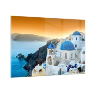 Glasbild - Bild auf glas - Blick auf Santorin mit seinen blauen Kuppeln und Klippen - 100x70cm - Santorini - an die Felsen gekuschelt - Moderne Wanddekoration für Wohnzimmer und Schlafzimmer ARTTOR
