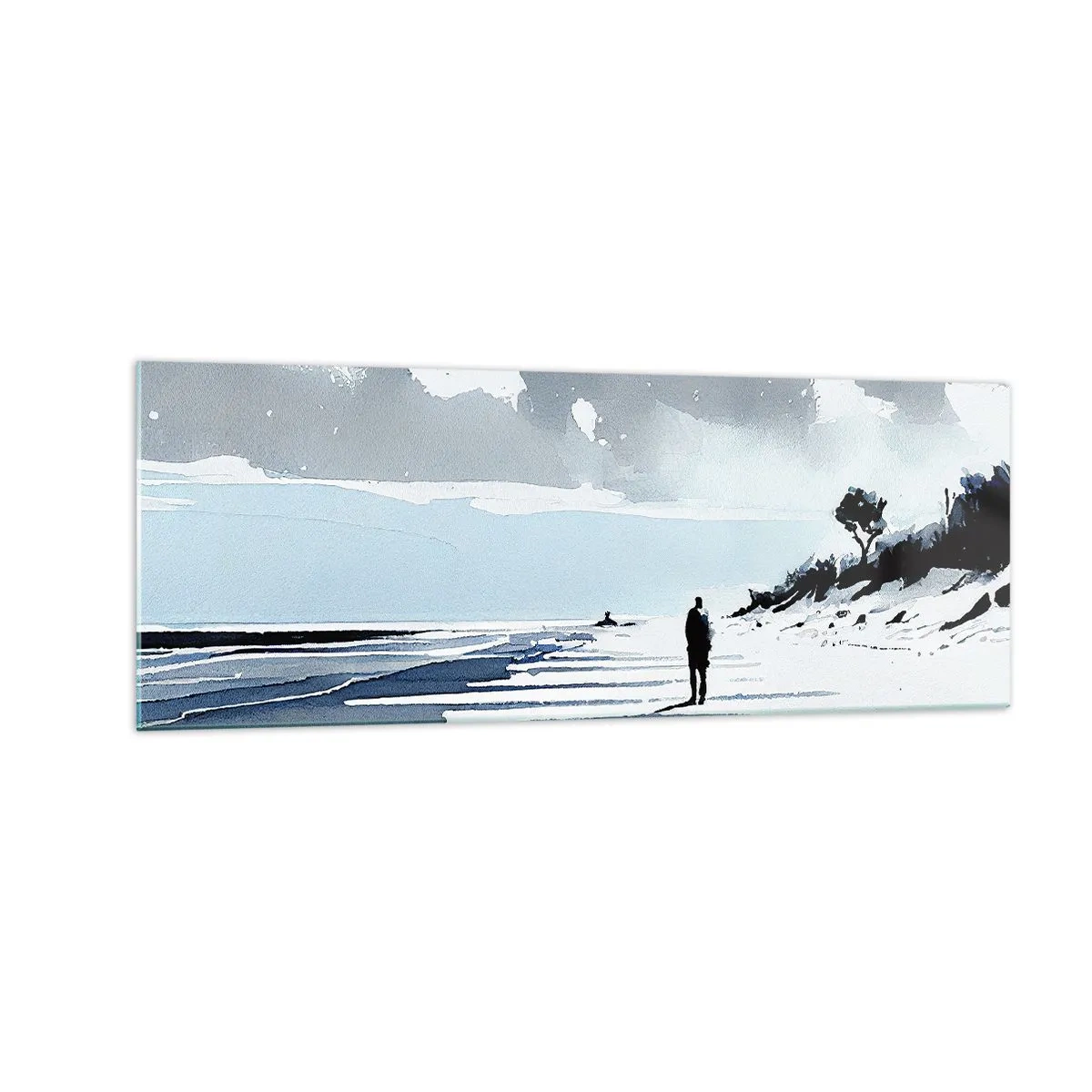 Glasbild - Bild auf glas - Eine einsame Gestalt, die an einem leeren Strand entlanggeht - 140x50cm - Allein sein - Moderne Wanddekoration für Wohnzimmer und Schlafzimmer ARTTOR