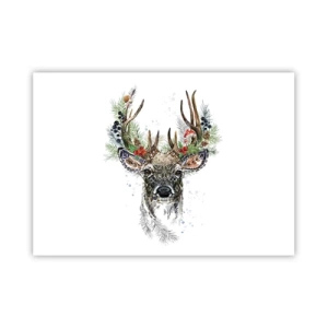 Poster - Stilisierter Hirsch mit dekorativem Geweih auf weißem Hintergrund - 100x70cm - Im festlichen Gewand - Moderne Wanddekoration für Wohnzimmer und Schlafzimmer ARTTOR