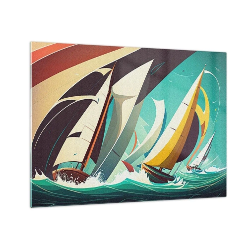 Glasbild - Bild auf glas - Retro-Stil-Illustration von Segelbooten in stürmischer See - 70x50cm - Viel Glück mit den Elementen - Moderne Wanddekoration für Wohnzimmer und Schlafzimmer ARTTOR