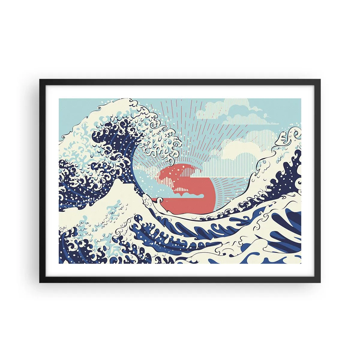 Poster in einem schwarzem Rahmen - Meereswellen und ein Sonnenuntergang im japanischen Stil - 70x50cm - Von japanischer Inspiration - Moderne Wanddekoration für Wohnzimmer und Schlafzimmer ARTTOR