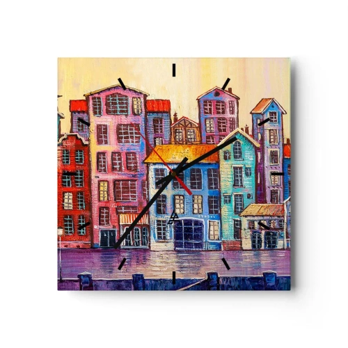 Wanduhr - Glasuhr - Bunte Mietshäuser am Wasser im künstlerischen Stil - 30x30cm - Stadt wie aus einem Märchen - Moderne Wanddekoration für Wohnzimmer und Schlafzimmer ARTTOR