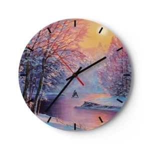 Wanduhr - Glasuhr - Winterlandschaft mit einem Fluss bei Sonnenuntergang - 30x30cm - Die Farben des Winters - Moderne Wanddekoration für Wohnzimmer, Küche und Schlafzimmer ARTTOR