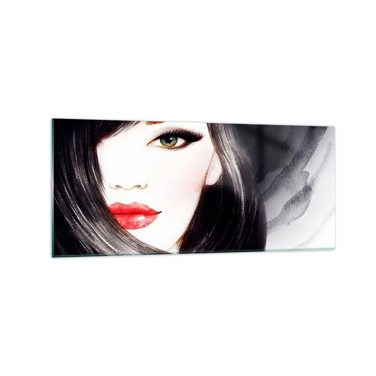 Glasbild - Bild auf glas - Porträt einer Frau mit ausdrucksstarkem Blick und roten Lippen - 120x50cm - Saphir-Optik - Moderne Wanddekoration für Wohnzimmer und Schlafzimmer ARTTOR