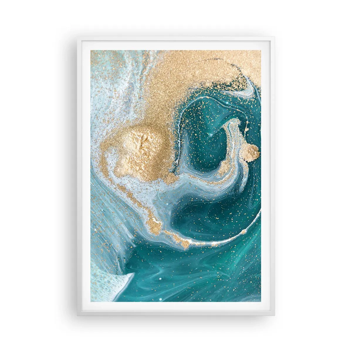 Poster in einem weißen Rahmen - Ein Strudel aus Gold und Türkis - 70x100 cm