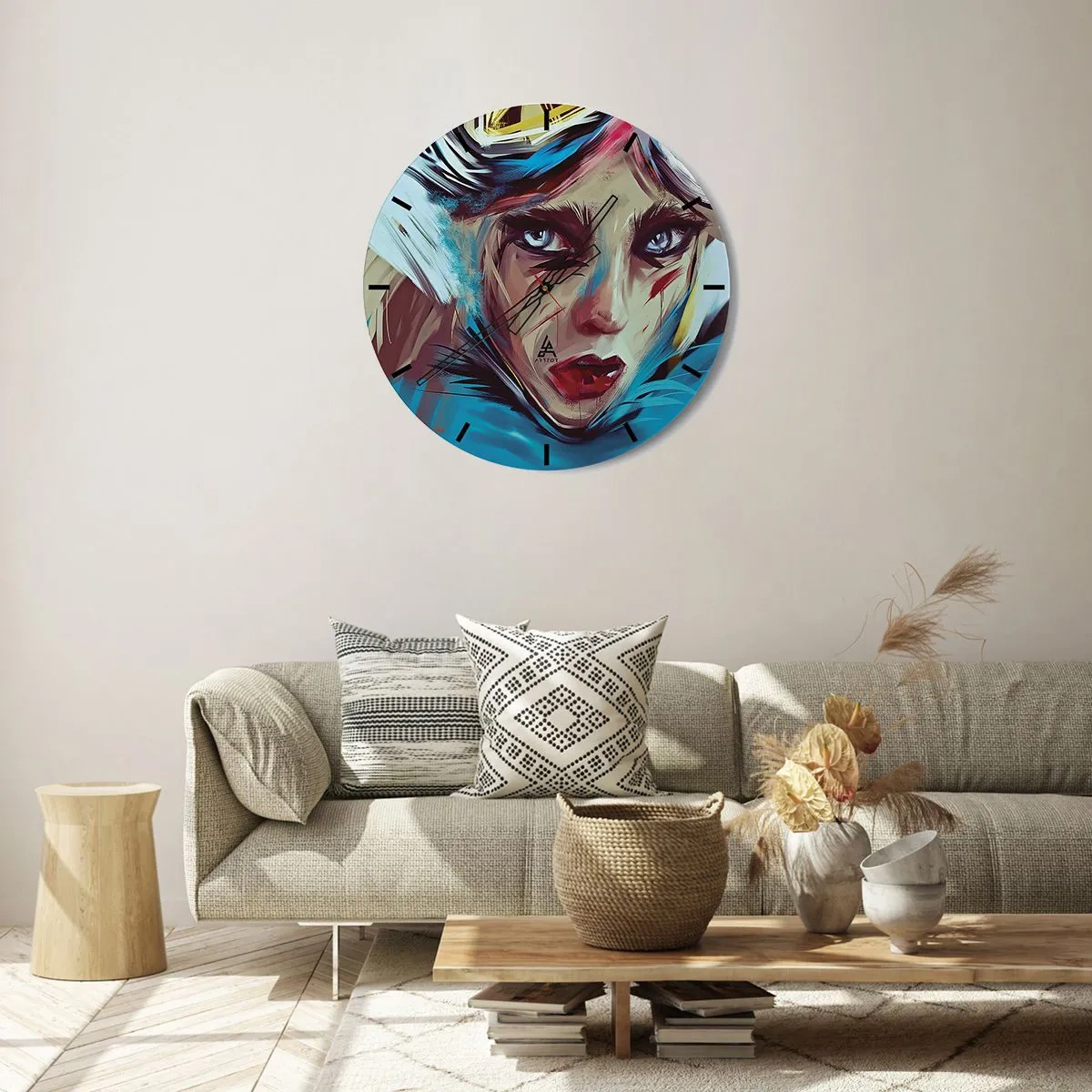 Wanduhr - Glasuhr - Ein ausdrucksstarkes Frauenporträt in intensiven Farben - 30x30cm - Strassenkämpferin - Moderne Wanddekoration für Wohnzimmer, Küche und Schlafzimmer ARTTOR