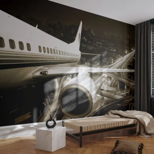 Selbstklebende Fototapete Deluxe Sticker - In die Nacht fliegen - Flugzeug, Stadt, Automobil - 150x105 cm