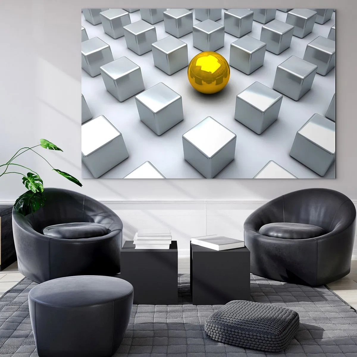 Glasbild - Bild auf glas - Eine goldene Kugel, umgeben von silbernen Würfeln - 120x80cm - Warum ich? Geometrische Zusammensetzung - Moderne Wanddekoration für Wohnzimmer und Schlafzimmer ARTTOR