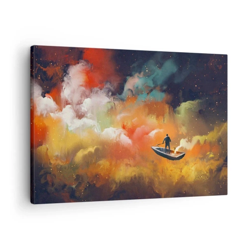 Bild auf Leinwand - Leinwandbild - Eine Figur in einem Boot vor einem Hintergrund aus bunten Wolken - 70x50cm - Mit dem Boot durch die Galaxie - Moderne Wanddekoration für Wohnzimmer und Schlafzimmer ARTTOR