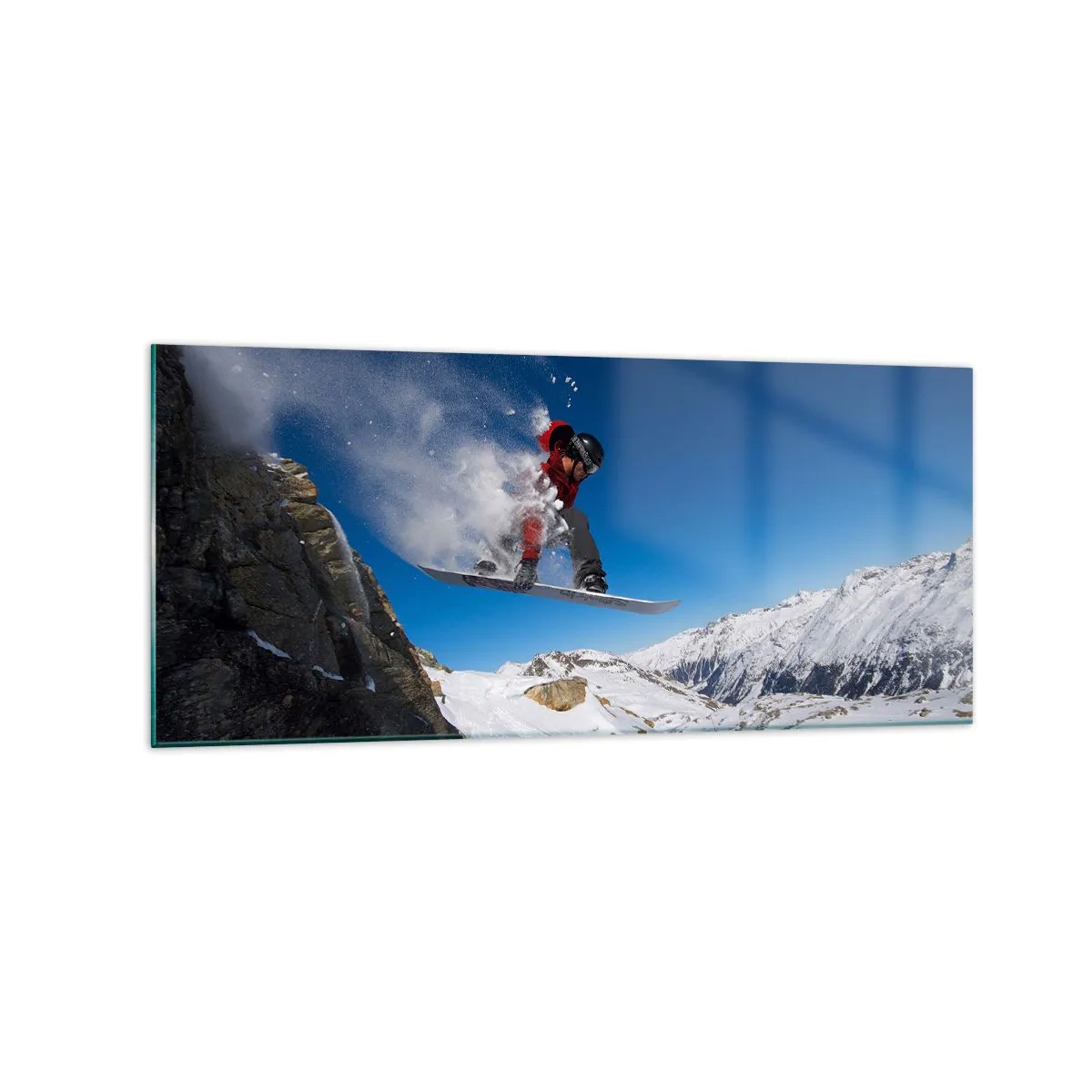 Glasbild - Bild auf glas - Ein Snowboarder springt von einem Felsen vor einer Berglandschaft - 120x50cm - Und du wurdest Teil des Raums - Moderne Wanddekoration für Wohnzimmer und Schlafzimmer ARTTOR