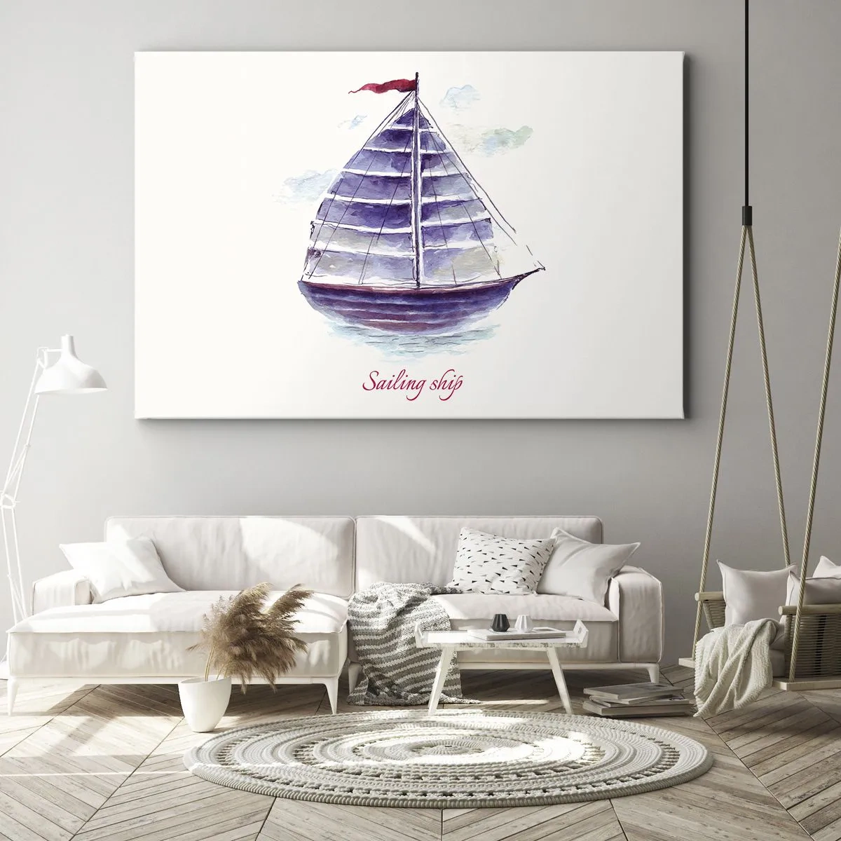 Bild auf Leinwand - Leinwandbild - Ein Aquarell eines Segelboots auf dem Wasser mit einer zarten Inschrift - 70x50cm - Volle Segel und ruhiges Wasser - Moderne Wanddekoration für Wohnzimmer und Schlafzimmer ARTTOR