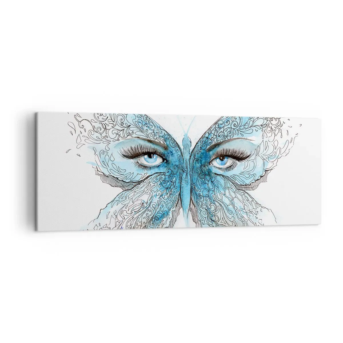 Bild auf Leinwand - Leinwandbild - Künstlerisches Aquarell eines Schmetterlings mit blauen Augen - 140x50cm - Eros Blaumeise - Moderne Wanddekoration für Wohnzimmer und Schlafzimmer ARTTOR
