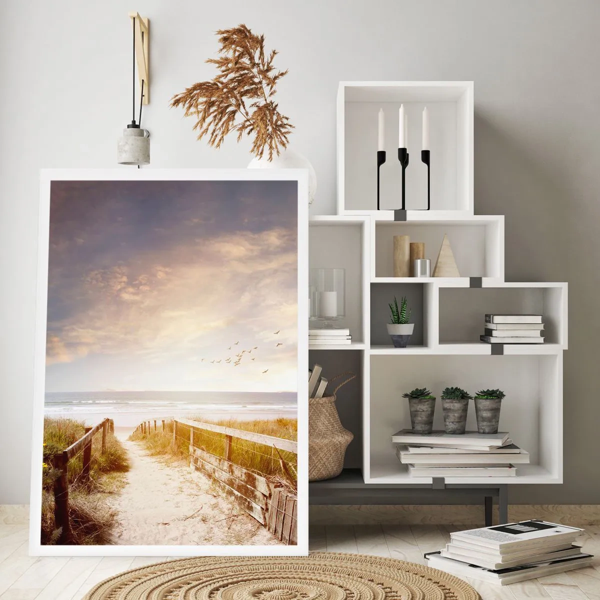 Poster - Weg zum Strand bei Sonnenuntergang mit vorbeifliegenden Vögeln - 50x70cm - Ein Raum des Friedens - Moderne Wanddekoration für Wohnzimmer und Schlafzimmer ARTTOR