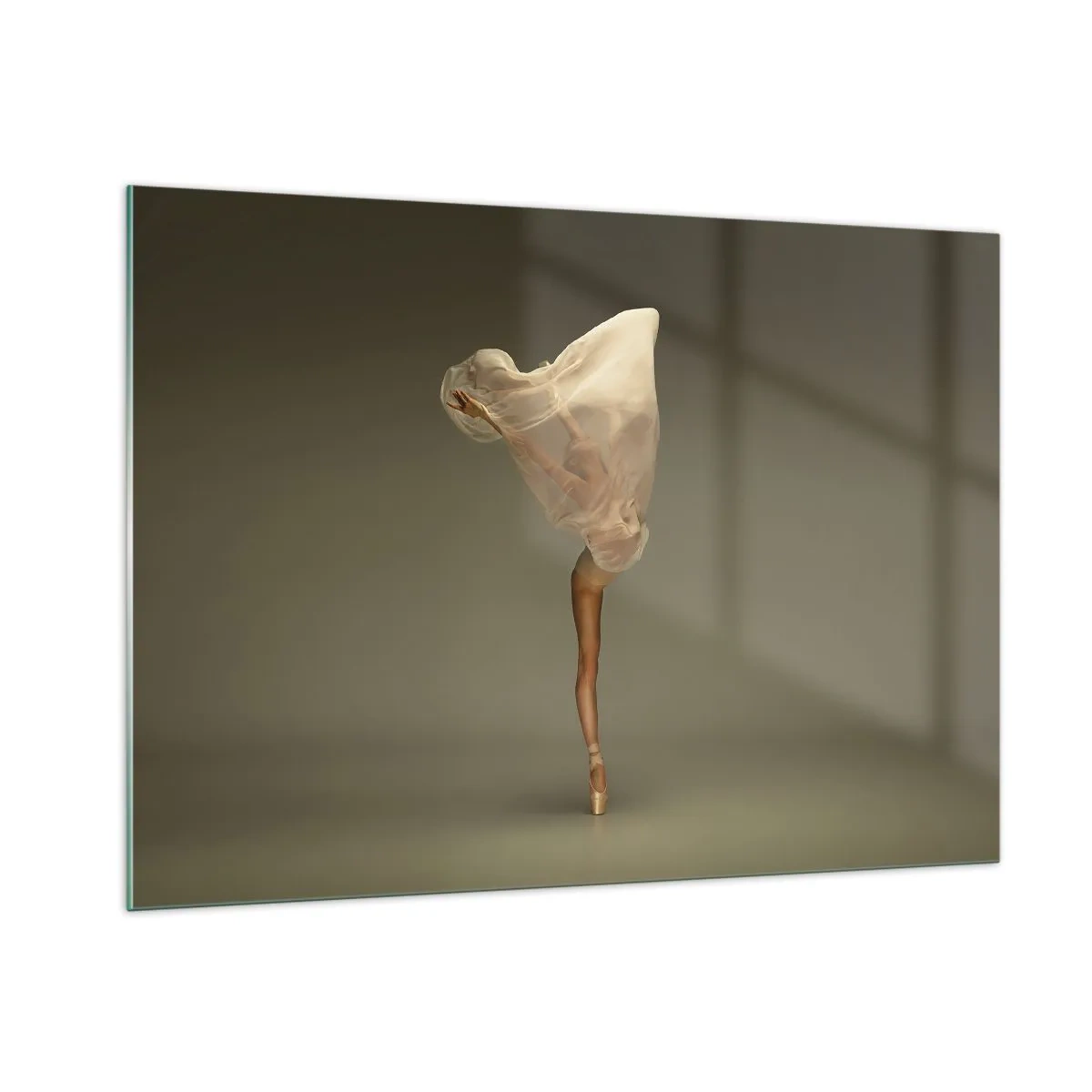 Glasbild - Bild auf glas - Eine Tänzerin in zarter Pose mit hochgezogenem Schleier - 100x70cm - Es wird bald auffliegen - Moderne Wanddekoration für Wohnzimmer und Schlafzimmer ARTTOR