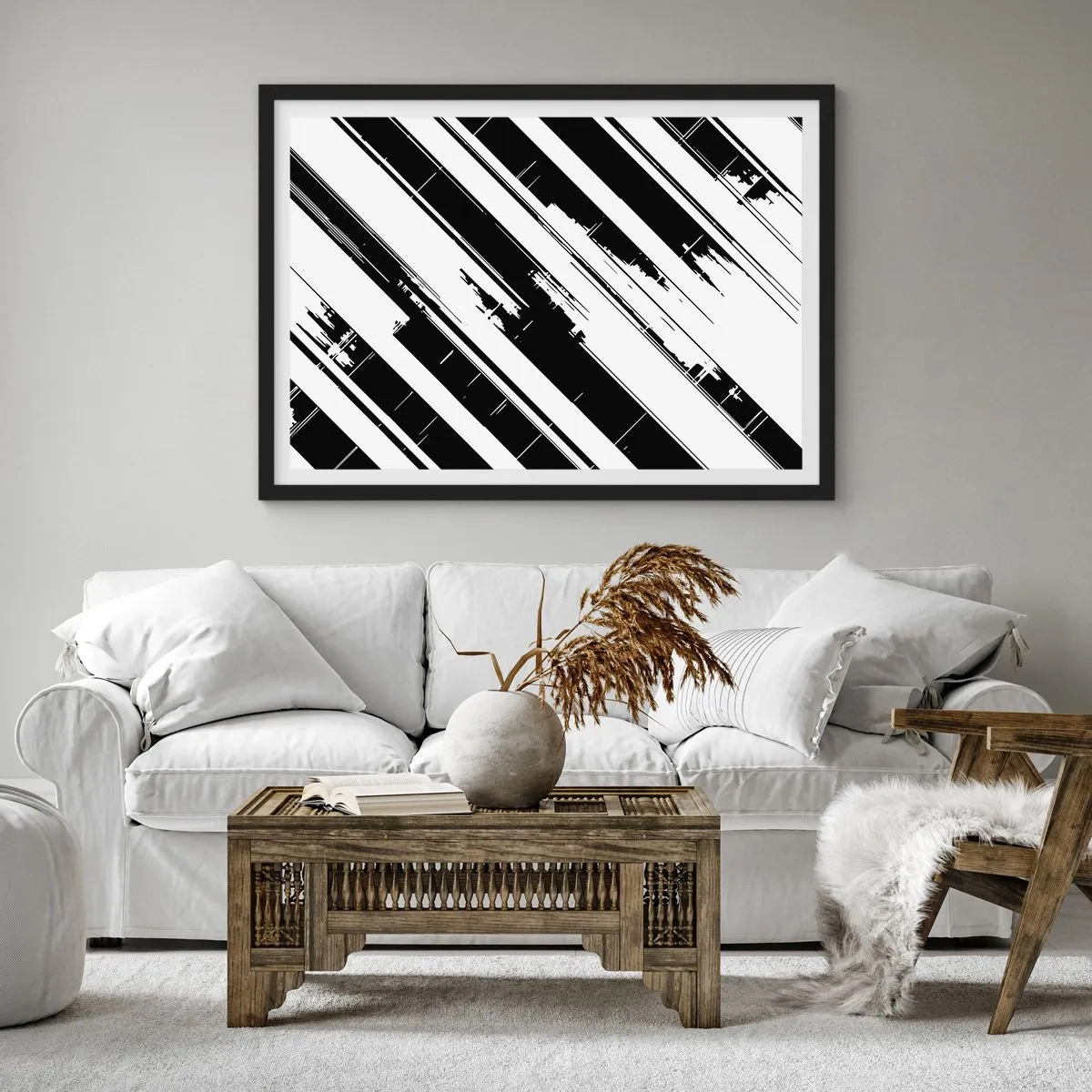 Poster in einem schwarzem Rahmen - Schwarz-weiße Linien und geometrische Muster im modernen Stil - 100x70cm - Eine intensive und dynamische Komposition - Moderne Wanddekoration für Wohnzimmer und Schlafzimmer ARTTOR