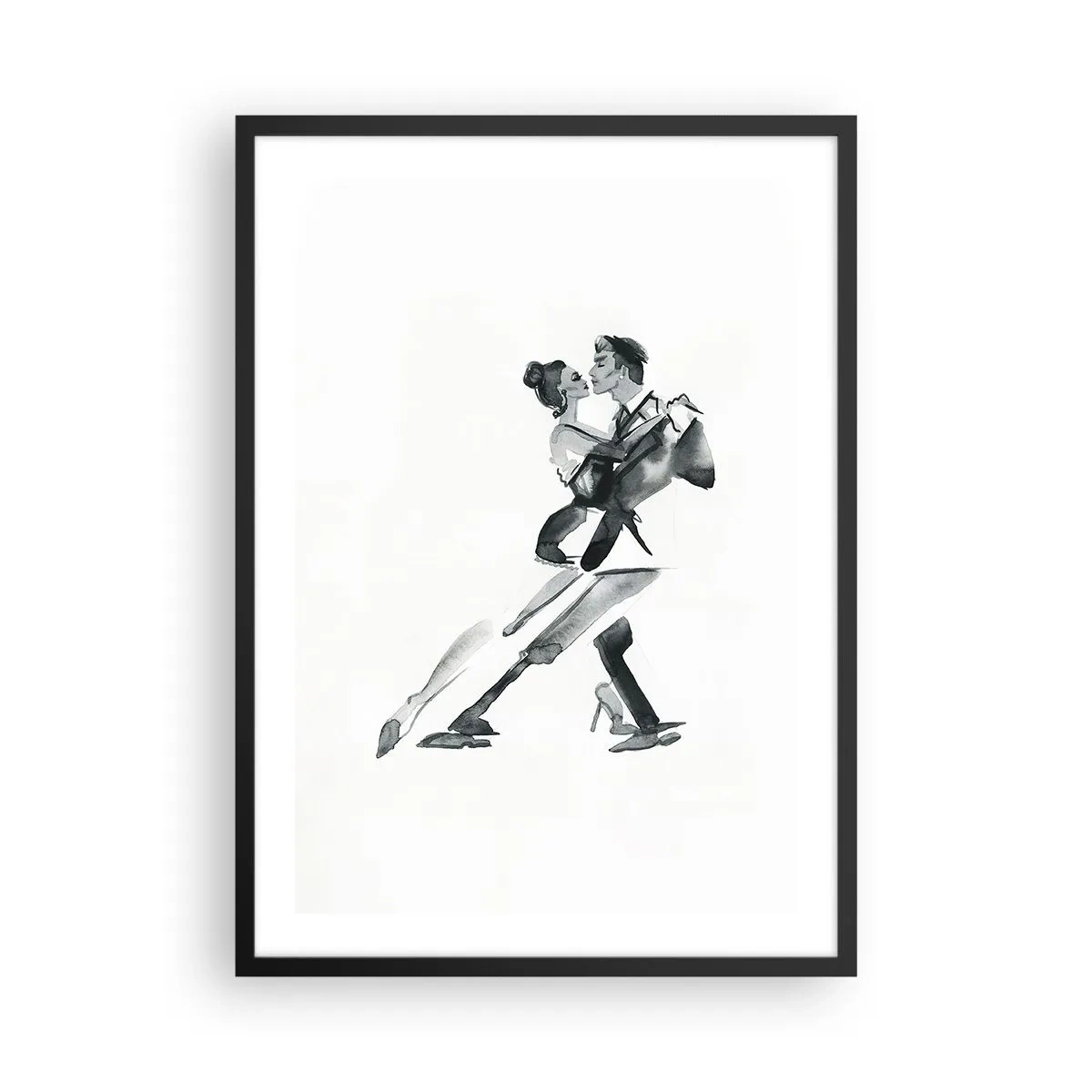 Poster in einem schwarzem Rahmen - Schwarz-weißes Aquarell eines tanzenden Paares - 50x70cm - In einem Schlag - Moderne Wanddekoration für Wohnzimmer und Schlafzimmer ARTTOR