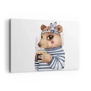 Bild auf Leinwand - Leinwandbild - Ein Teddybär im gestreiften Pullover mit einer Tasse Honig - 120x80cm - Süße Bärin - Moderne Wanddekoration für Wohnzimmer und Schlafzimmer ARTTOR