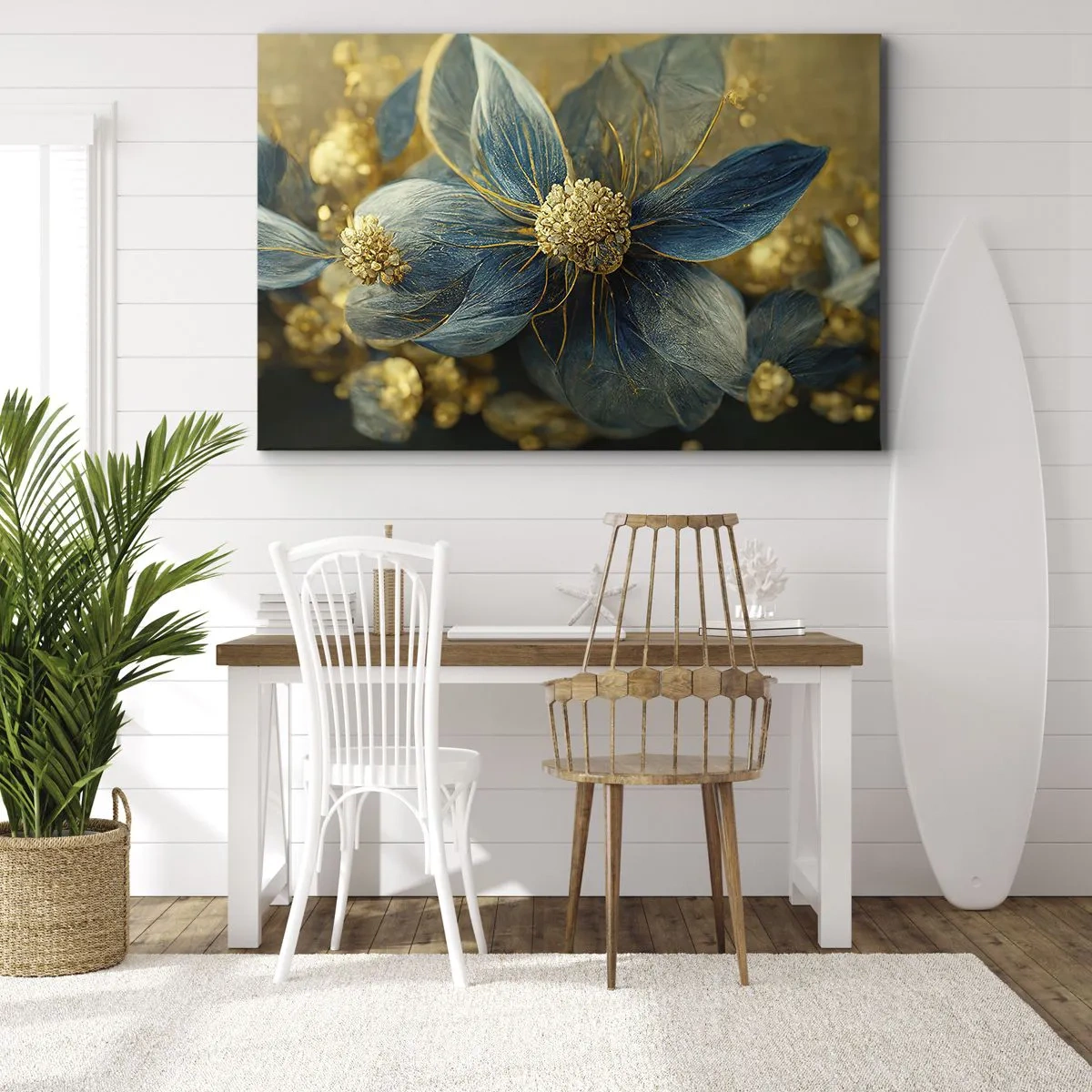 Bild auf Leinwand - Leinwandbild - Elegante Blumen in Blau- und Goldtönen - 100x70cm - Mit Gold blühen - Moderne Wanddekoration für Wohnzimmer und Schlafzimmer ARTTOR